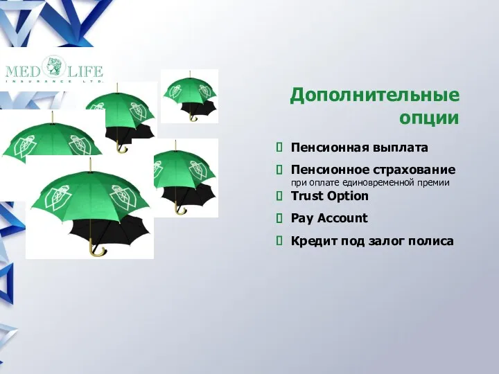 Дополнительные опции Пенсионная выплата Пенсионное страхование при оплате единовременной премии