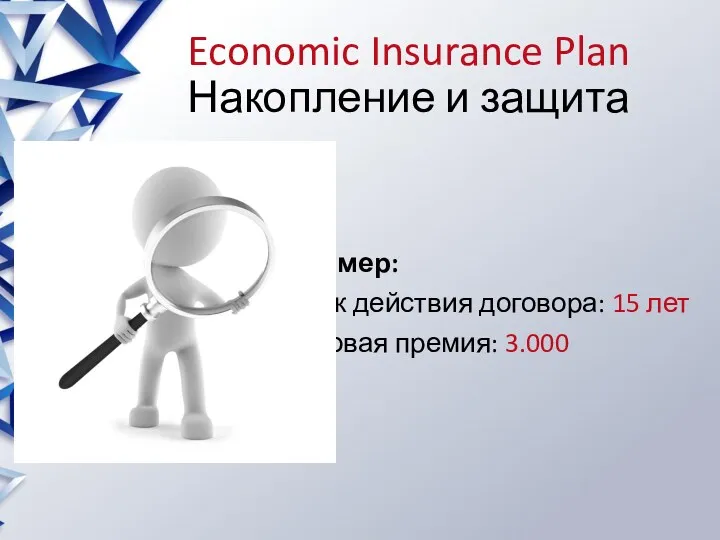 Пример: Срок действия договора: 15 лет Годовая премия: 3.000 Economic Insurance Plan Накопление и защита