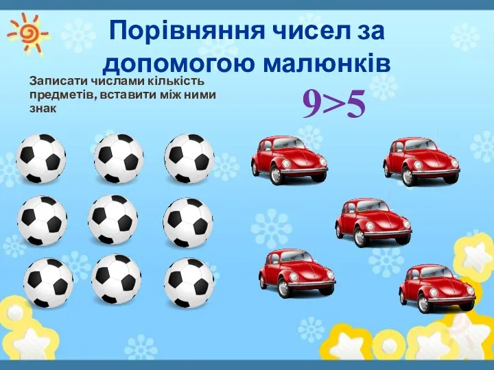 Порівняння чисел за допомогою малюнків Записати числами кількість предметів, вставити між ними знак 9>5