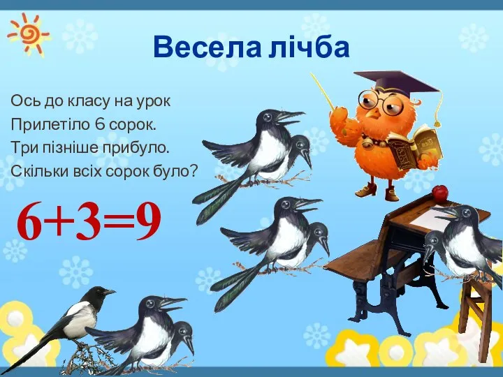 Весела лічба Ось до класу на урок Прилетіло 6 сорок.