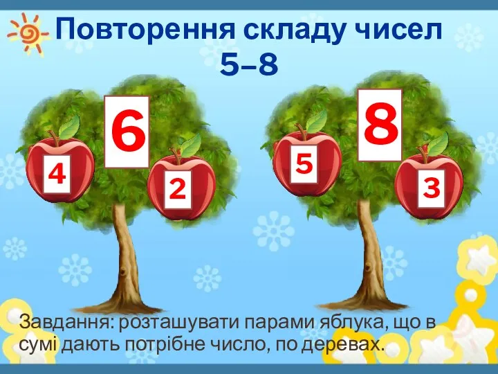 Повторення складу чисел 5–8 Завдання: розташувати парами яблука, що в