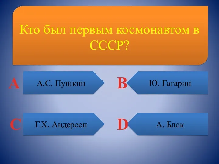 Кто был первым космонавтом в СССР? А.С. Пушкин А. Блок