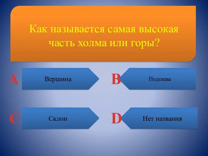 Как называется самая высокая часть холма или горы? Вершина Нет