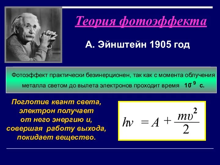 Теория фотоэффекта А. Эйнштейн 1905 год Поглотив квант света, электрон