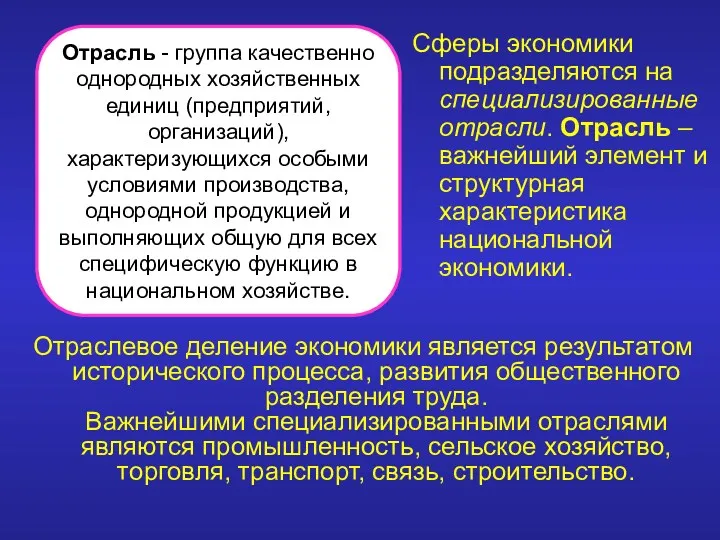 Сферы экономики подразделяются на специализированные отрасли. Отрасль – важнейший элемент