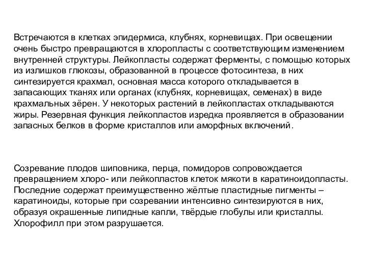 Встречаются в клетках эпидермиса, клубнях, корневищах. При освещении очень быстро