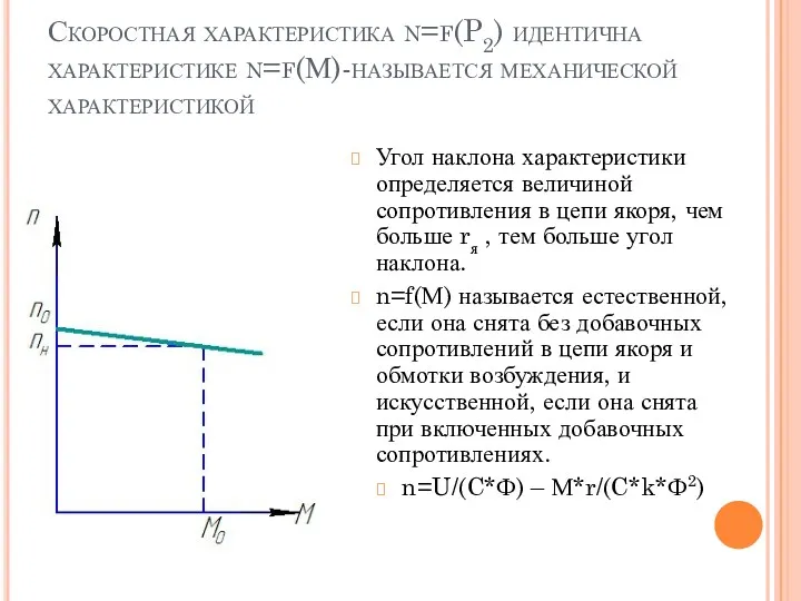Скоростная характеристика n=f(P2) идентична характеристике n=f(М)-называется механической характеристикой Угол наклона