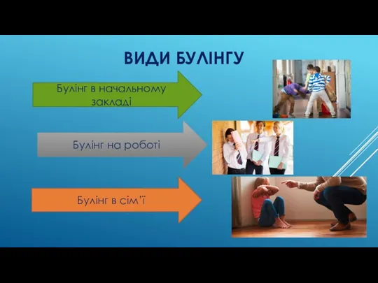 ВИДИ БУЛІНГУ Булінг в начальному закладі Булінг на роботі Булінг в сім’ї