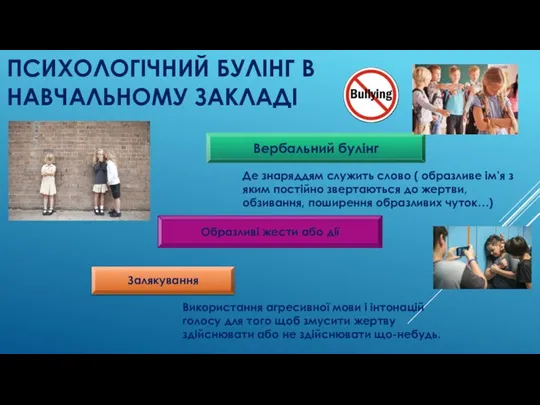 ПСИХОЛОГІЧНИЙ БУЛІНГ В НАВЧАЛЬНОМУ ЗАКЛАДІ Вербальний булінг Де знаряддям служить