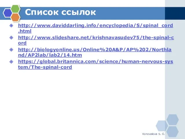 Cписок ссылок http://www.daviddarling.info/encyclopedia/S/spinal_cord.html http://www.slideshare.net/krishnavasudev75/the-spinal-cord http://biologyonline.us/Online%20A&P/AP%202/Northland/AP2lab/lab2/14.htm https://global.britannica.com/science/human-nervous-system/The-spinal-cord Konovalova S. G.