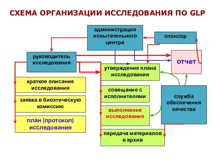 СХЕМА ОРГАНИЗАЦИИ ИССЛЕДОВАНИЯ ПО GLP руководитель исследования краткое описание исследования