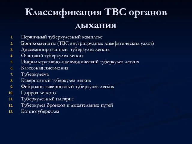 Классификация ТВС органов дыхания Первичный туберкулезный комплекс Бронхоадениты (ТВС внутригрудных