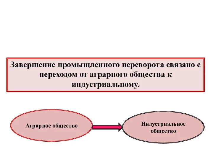 Завершение промыщленного переворота связано с переходом от аграрного общества к индустриальному. Аграрное общество Индустриальное общество