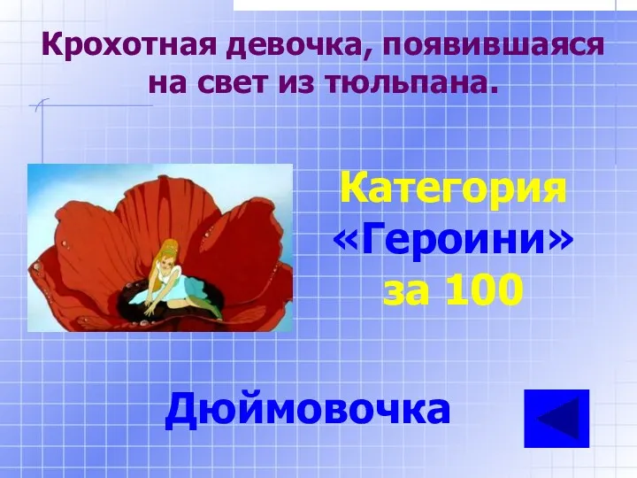 Категория «Героини» за 100 Дюймовочка Крохотная девочка, появившаяся на свет из тюльпана.