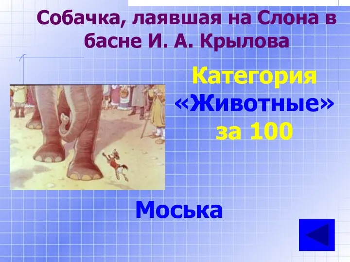 Собачка, лаявшая на Слона в басне И. А. Крылова Категория «Животные» за 100 Моська