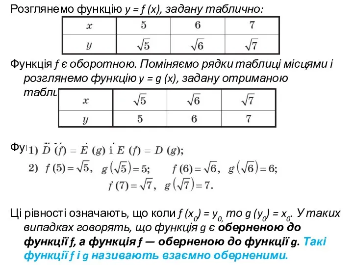 Розглянемо функцію y = f (x), задану таблично: Функція f є оборотною. Поміняємо