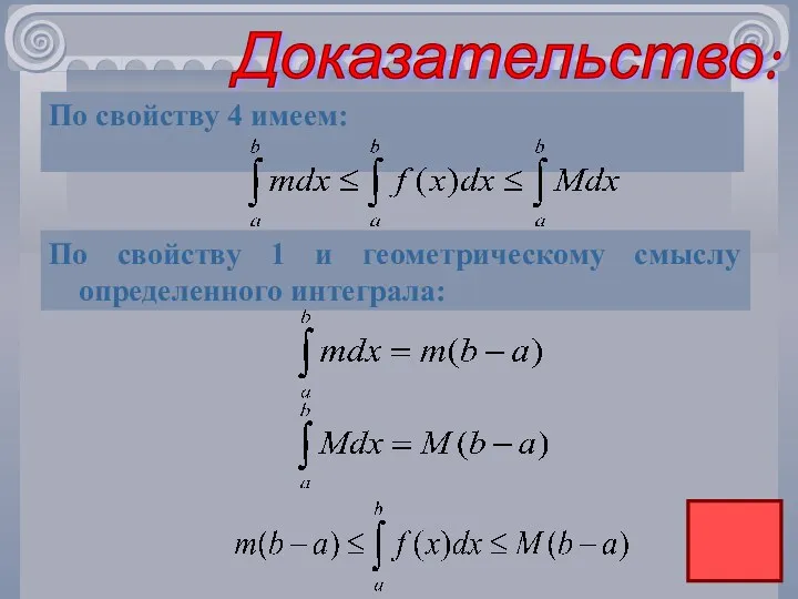 Доказательство: По свойству 4 имеем: По свойству 1 и геометрическому смыслу определенного интеграла: