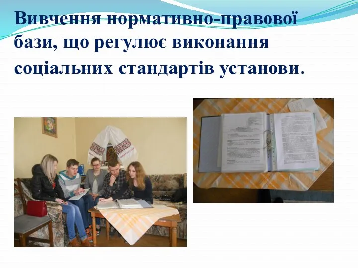 Вивчення нормативно-правової бази, що регулює виконання соціальних стандартів установи.