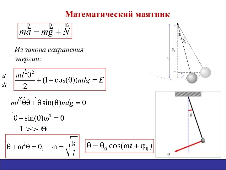 Математический маятник Из закона сохранения энергии: