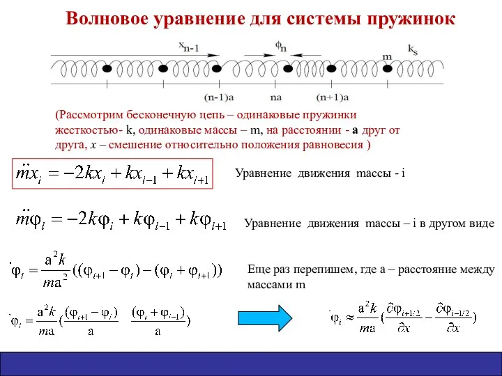 Волновое уравнение для системы пружинок Уравнение движения mассы - i