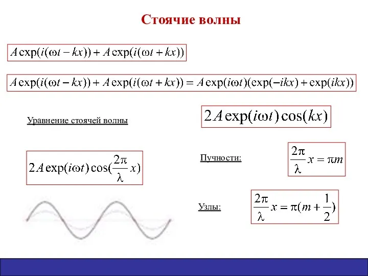 Стоячие волны Уравнение стоячей волны Пучности: Узлы: