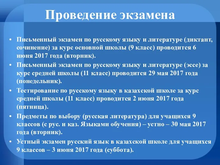 Проведение экзамена Письменный экзамен по русскому языку и литературе (диктант,