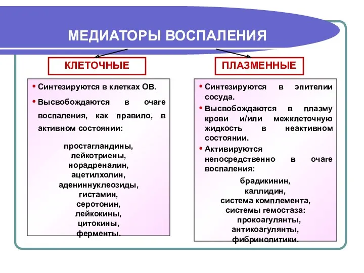 МЕДИАТОРЫ ВОСПАЛЕНИЯ КЛЕТОЧНЫЕ ПЛАЗМЕННЫЕ Синтезируются в клетках ОВ. Высвобождаются в