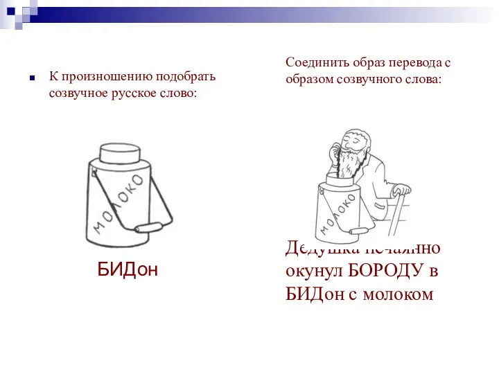 Соединить образ перевода с образом созвучного слова: Дедушка нечаянно окунул