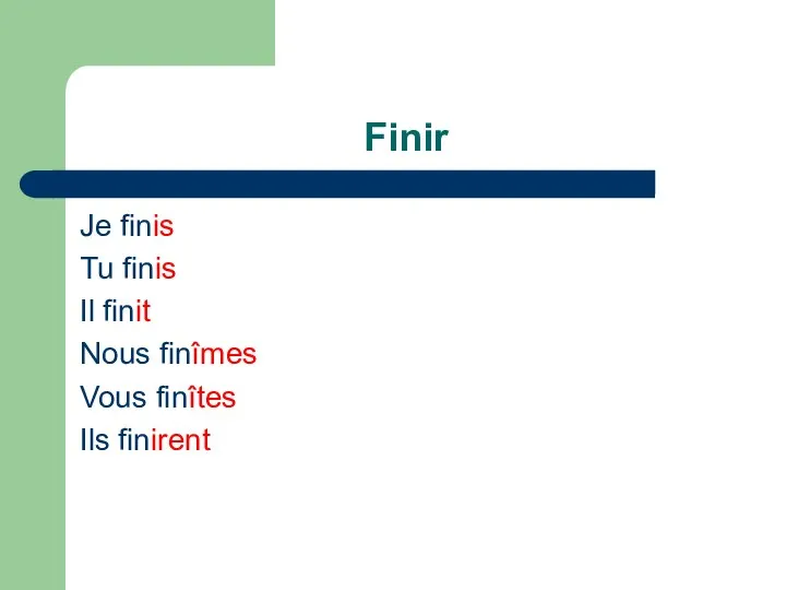 Finir Je finis Tu finis Il finit Nous finîmes Vous finîtes Ils finirent