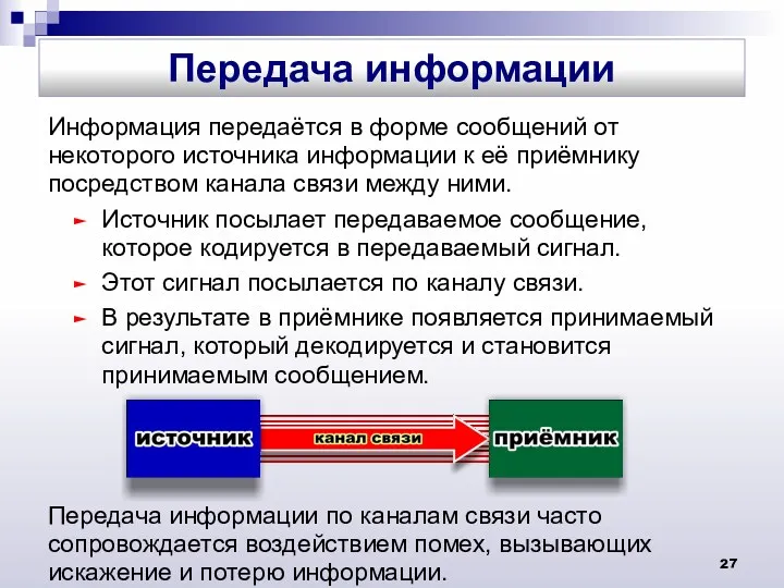 Информация передаётся в форме сообщений от некоторого источника информации к