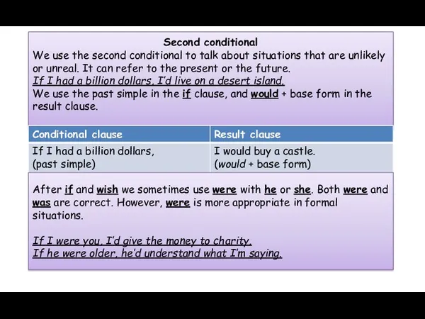 Second conditional We use the second conditional to talk about