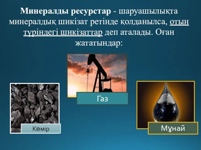 Минералды ресурстар - шаруашылықта минералдық шикізат ретінде қолданылса, отын түріндегі шикізаттар деп аталады. Оған жататындар: