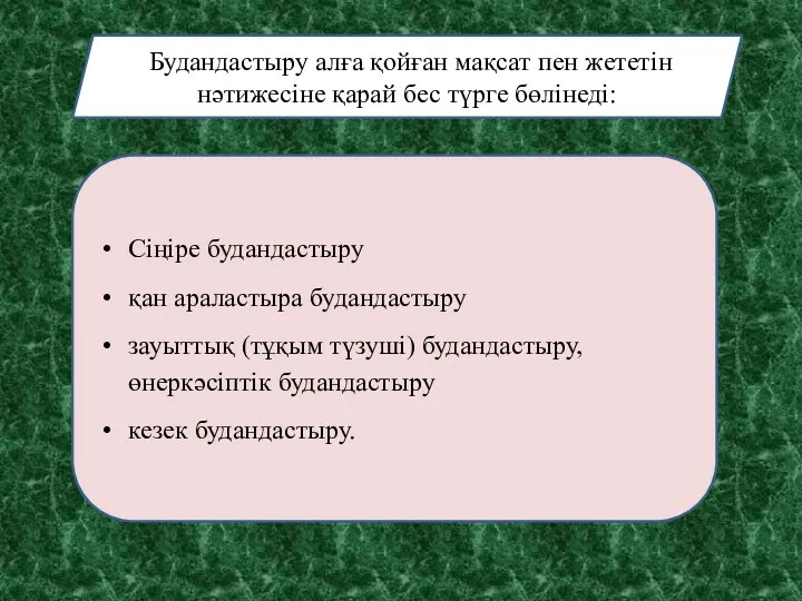 Будандастыру алға қойған мақсат пен жететін нәтижесіне қарай бес түрге