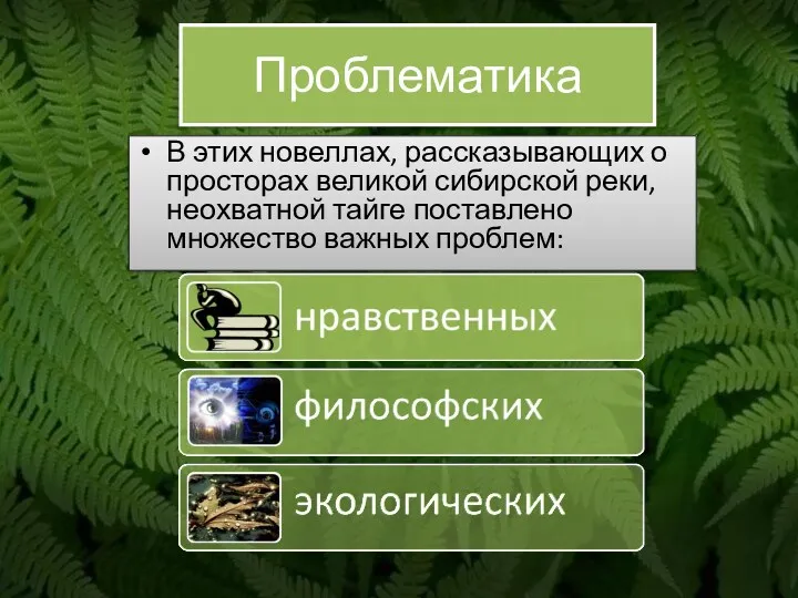 Проблематика В этих новеллах, рассказывающих о просторах великой сибирской реки, неохватной тайге поставлено множество важных проблем: