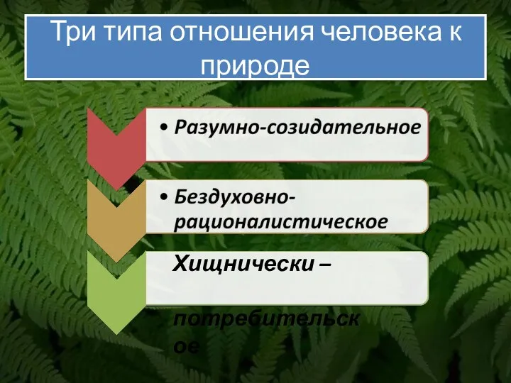 Три типа отношения человека к природе Хищнически – потребительское