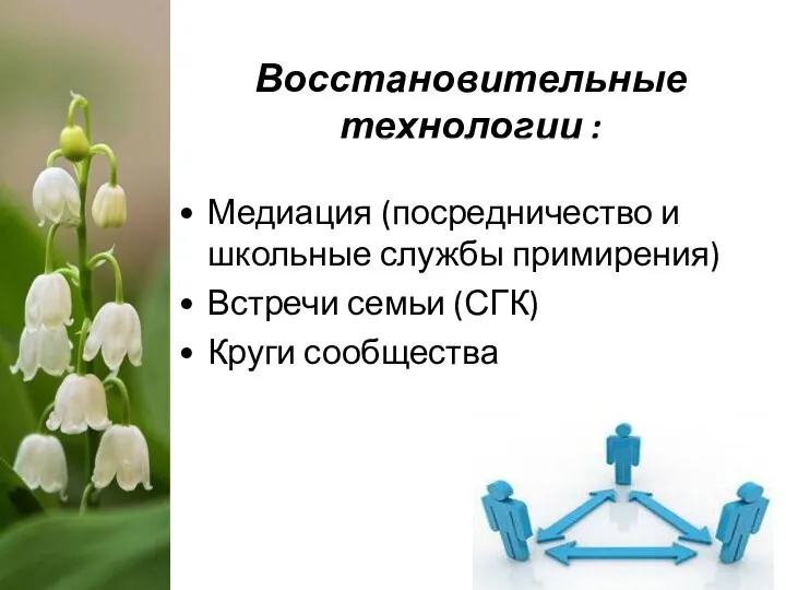 Восстановительные технологии : Медиация (посредничество и школьные службы примирения) Встречи семьи (СГК) Круги сообщества