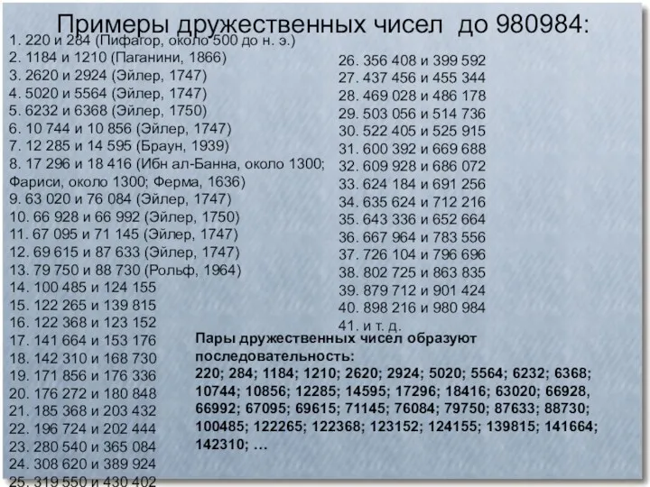 Примеры дружественных чисел до 980984: 1. 220 и 284 (Пифагор,