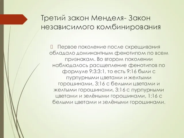 Третий закон Менделя- Закон независимого комбинирования Первое поколение после скрещивания