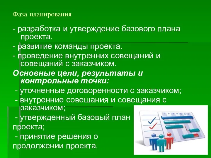 Фаза планирования - разработка и утверждение базового плана проекта. -