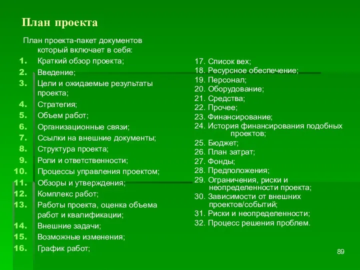 План проекта 17. Список вех; 18. Ресурсное обеспечение; 19. Персонал;