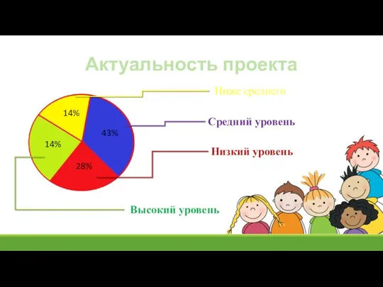 Актуальность проекта Ниже среднего Средний уровень Низкий уровень 14% 14% 43% 28% Высокий уровень