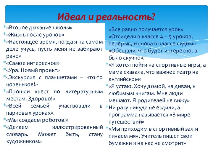 Идеал и реальность? «Второе дыхание школы» «Жизнь после уроков» «Настоящее время, когда я