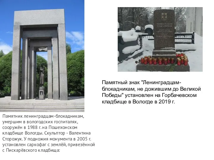 Памятник ленинградцам-блокадникам, умершим в вологодских госпиталях, сооружён в 1988 г.
