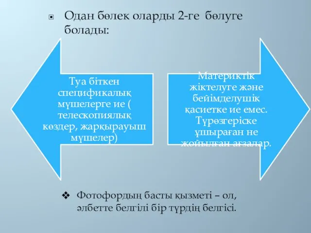 Одан бөлек оларды 2-ге бөлуге болады: Фотофордың басты қызметі – ол, әлбетте белгілі бір түрдің белгісі.