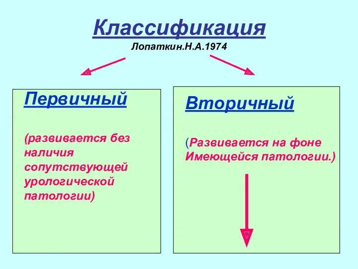 Классификация Лопаткин.Н.А.1974 Первичный (развивается без наличия сопутствующей урологической патологии) Вторичный (Развивается на фоне Имеющейся патологии.)