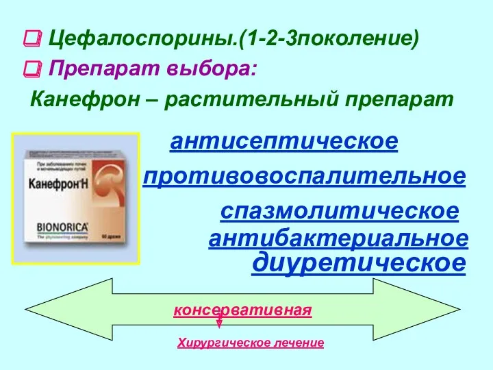 Цефалоспорины.(1-2-3поколение) Препарат выбора: Канефрон – раститель­ный препарат антисептическое противовоспалительное спазмолитическое антибактериальное диуретическое консервативная Хирургическое лечение