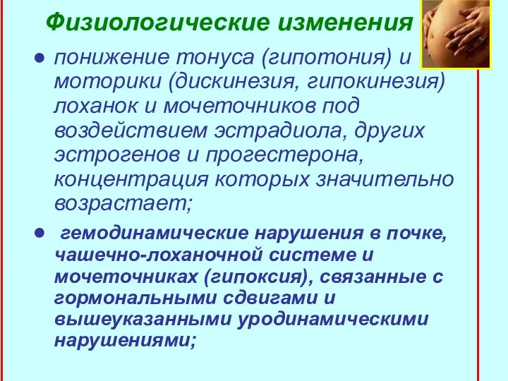 Физиологические изменения понижение тонуса (гипотония) и моторики (дискинезия, гипокинезия) лоханок