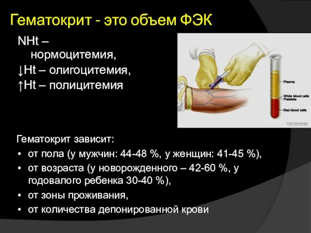 Гематокрит - это объем ФЭК NHt – нормоцитемия, ↓Ht –