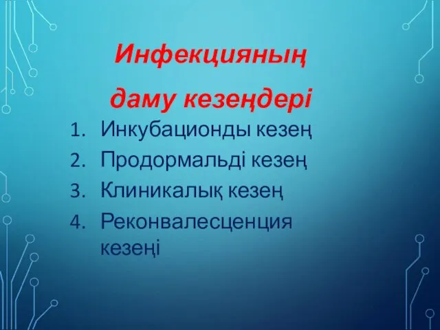 Инфекцияның даму кезеңдері Инкубационды кезең Продормальді кезең Клиникалық кезең Реконвалесценция кезеңі