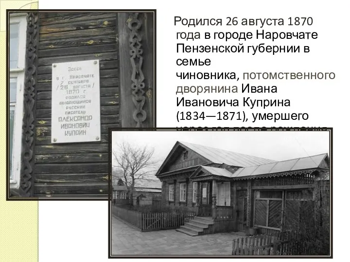 Родился 26 августа 1870 года в городе Наровчате Пензенской губернии